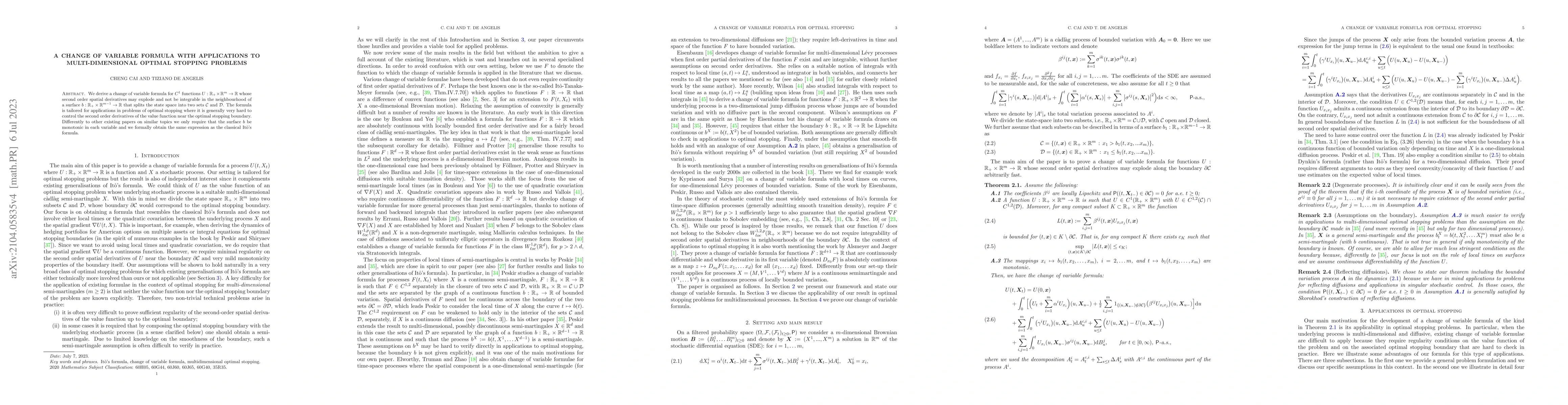 Thumbnail for A change of variable formula with applications to multi-dimensional
  optimal stopping problems