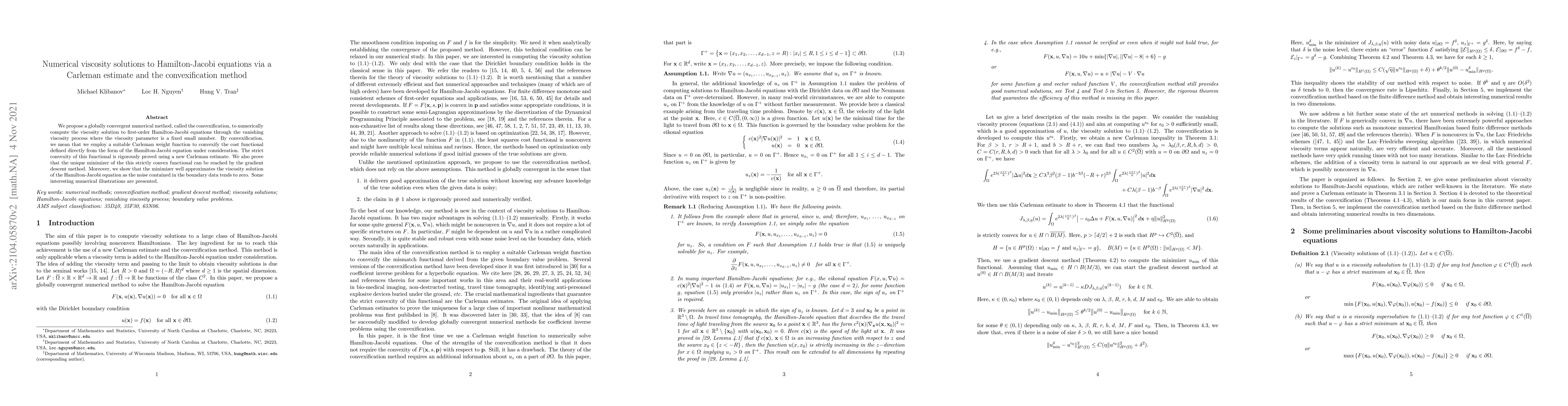 Thumbnail for Numerical viscosity solutions to Hamilton-Jacobi equations via a
  Carleman estimate and the convexification method