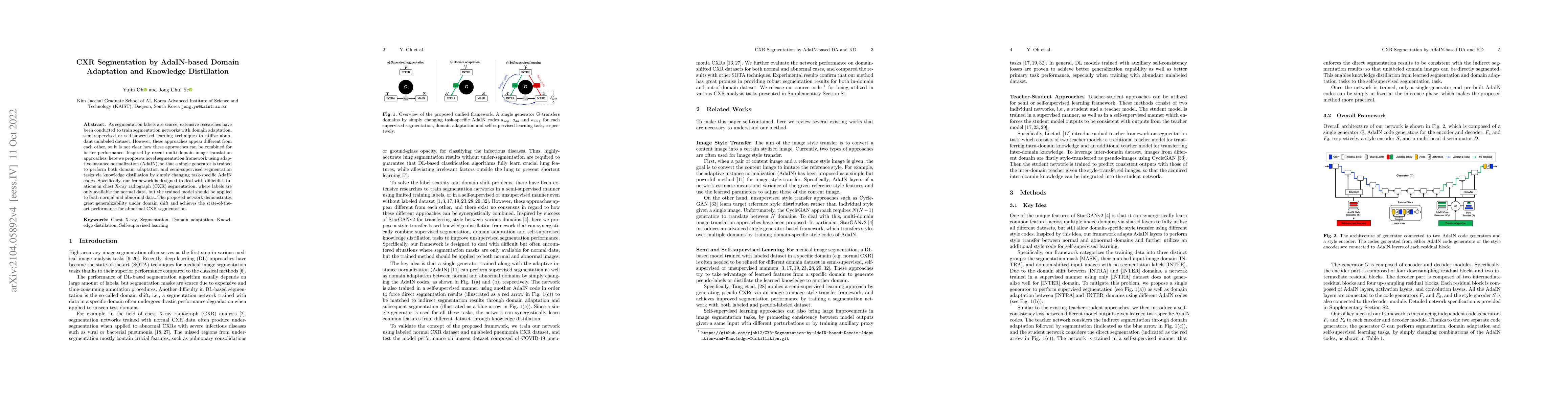 Thumbnail for CXR Segmentation by AdaIN-based Domain Adaptation and Knowledge
  Distillation