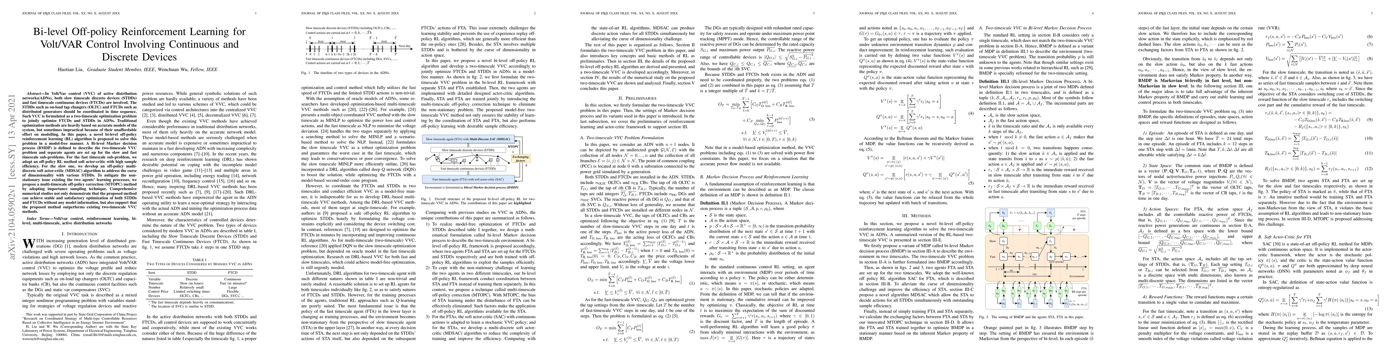 Thumbnail for Bi-level Off-policy Reinforcement Learning for Volt/VAR Control
  Involving Continuous and Discrete Devices