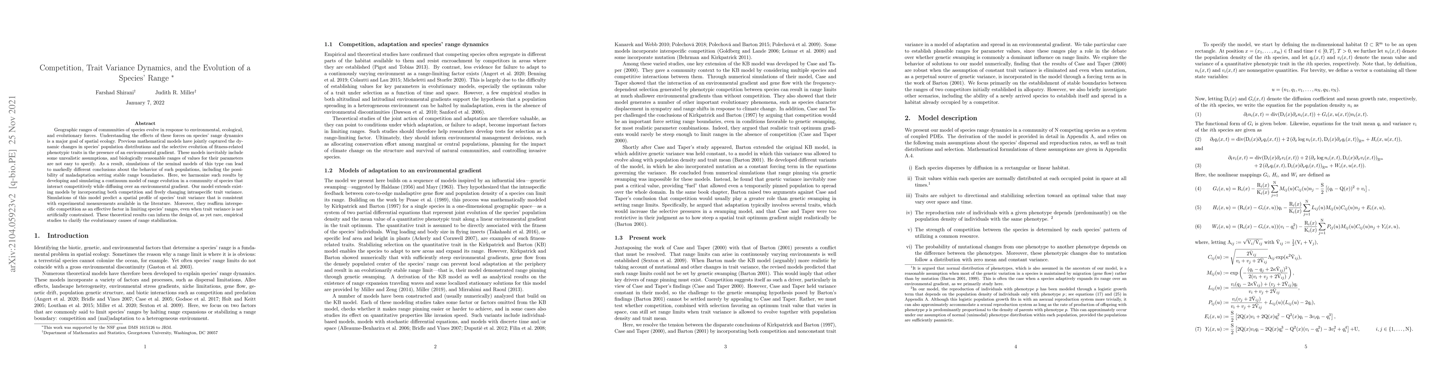 Thumbnail for Competition, Trait Variance Dynamics, and the Evolution of a Species'
  Range