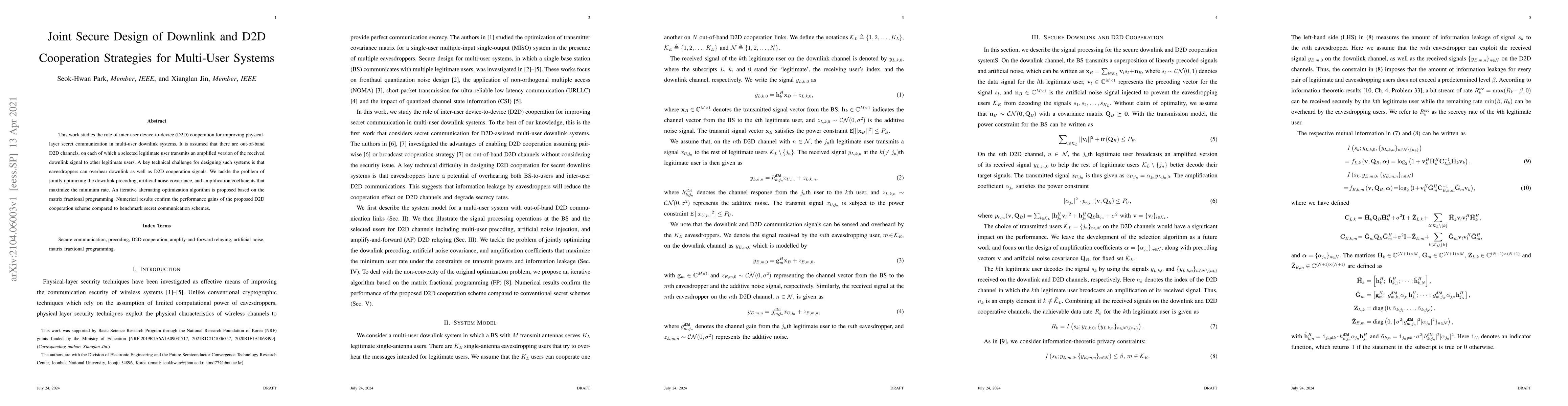Thumbnail for Joint Secure Design of Downlink and D2D Cooperation Strategies for
  Multi-User Systems