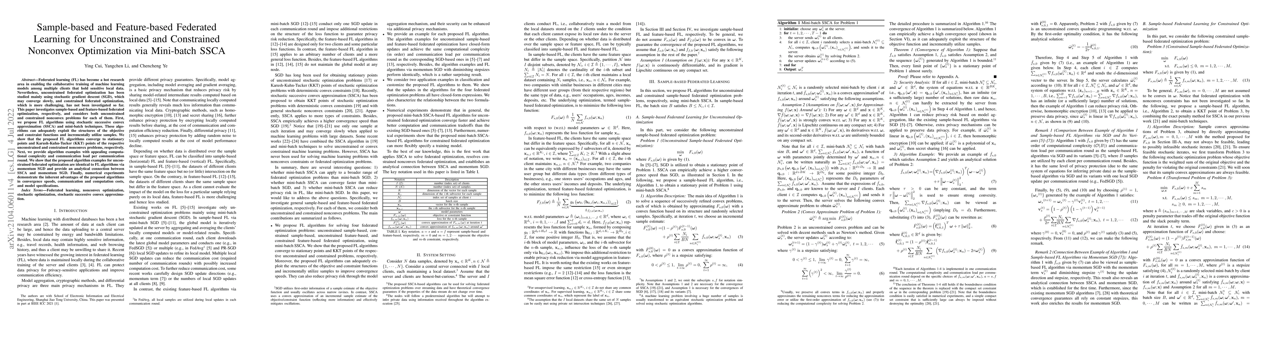 Thumbnail for Sample-based and Feature-based Federated Learning for Unconstrained and
  Constrained Nonconvex Optimization via Mini-batch SSCA