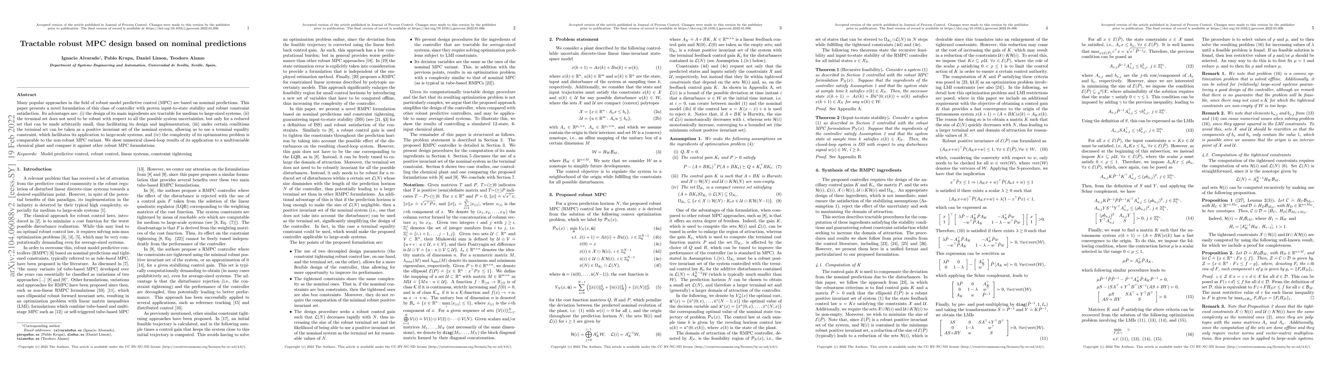 Thumbnail for Tractable robust MPC design based on nominal predictions