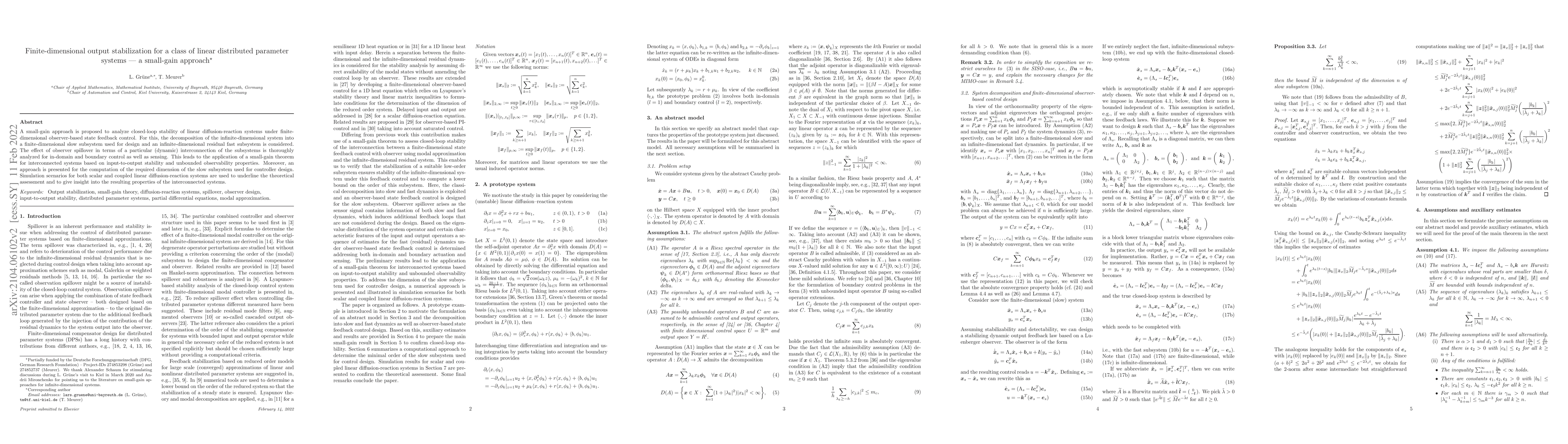 Thumbnail for Finite-dimensional output stabilization for a class of linear
  distributed parameter systems -- a small-gain approach