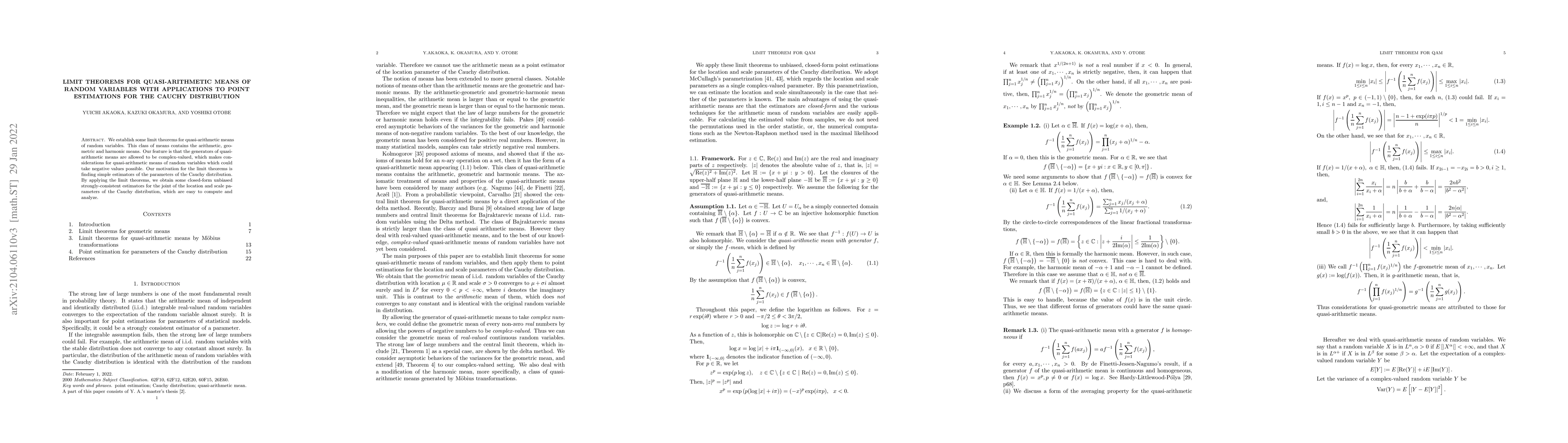 Thumbnail for Limit theorems for quasi-arithmetic means of random variables with
  applications to point estimations for the Cauchy distribution
