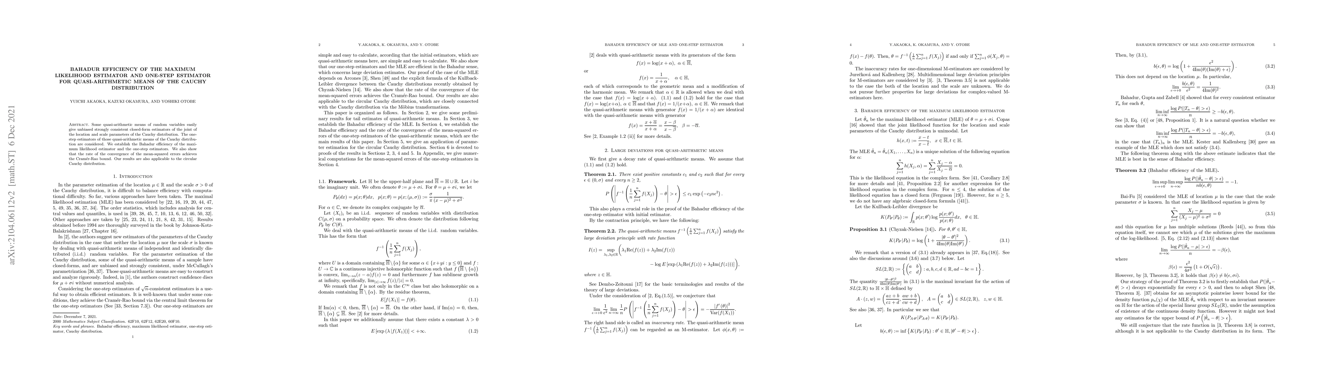 Thumbnail for Bahadur efficiency of the maximum likelihood estimator and one-step
  estimator for quasi-arithmetic means of the Cauchy distribution