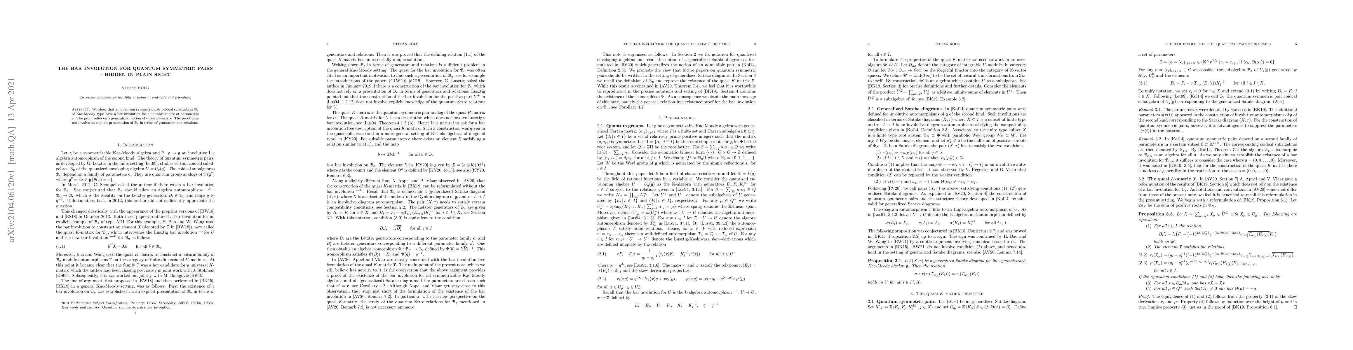 Thumbnail for The bar involution for quantum symmetric pairs -- hidden in plain sight