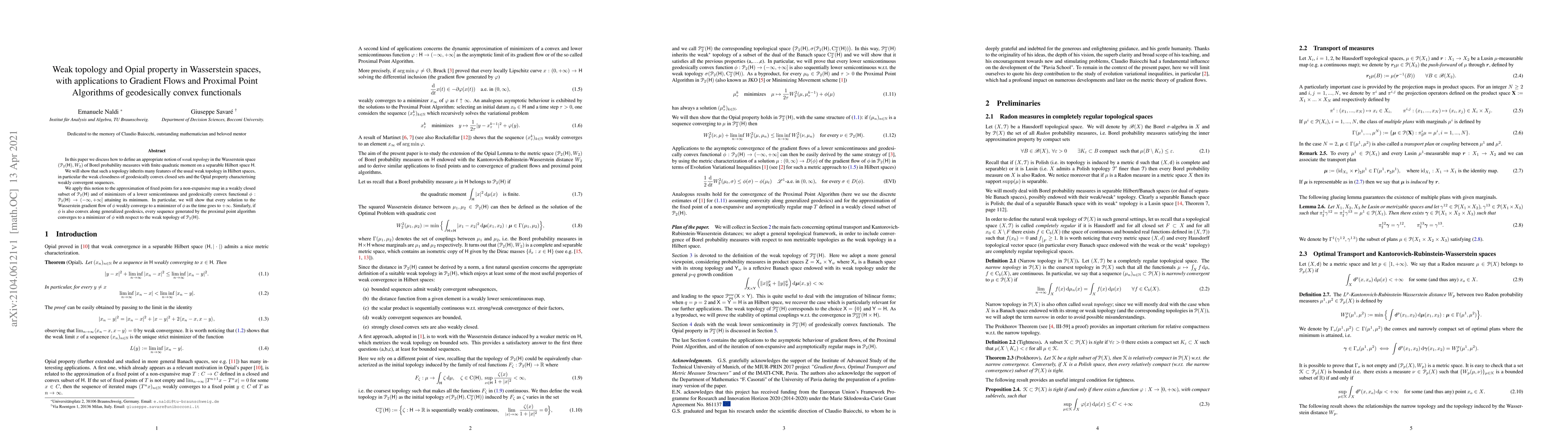 Thumbnail for Weak topology and Opial property in Wasserstein spaces, with
  applications to Gradient Flows and Proximal Point Algorithms of geodesically
  convex functionals