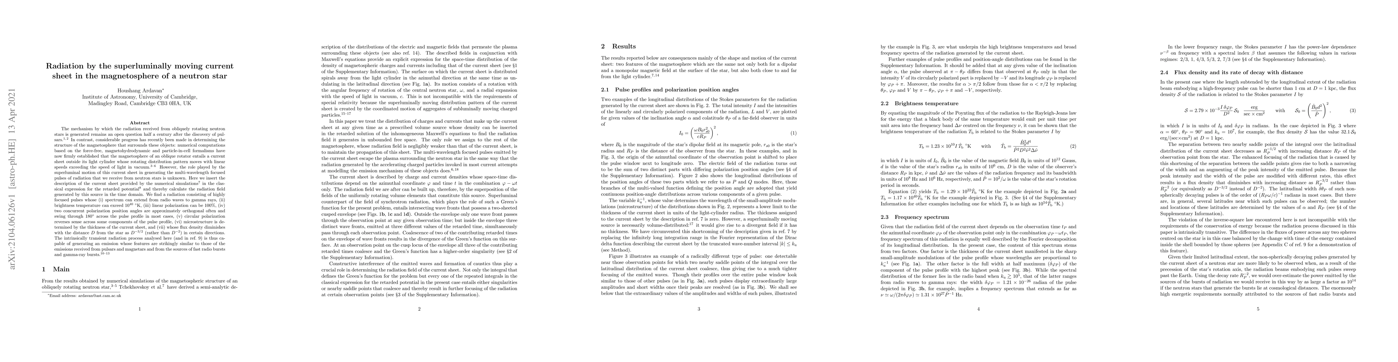 Thumbnail for Radiation by the superluminally moving current sheet in the
  magnetosphere of a neutron star