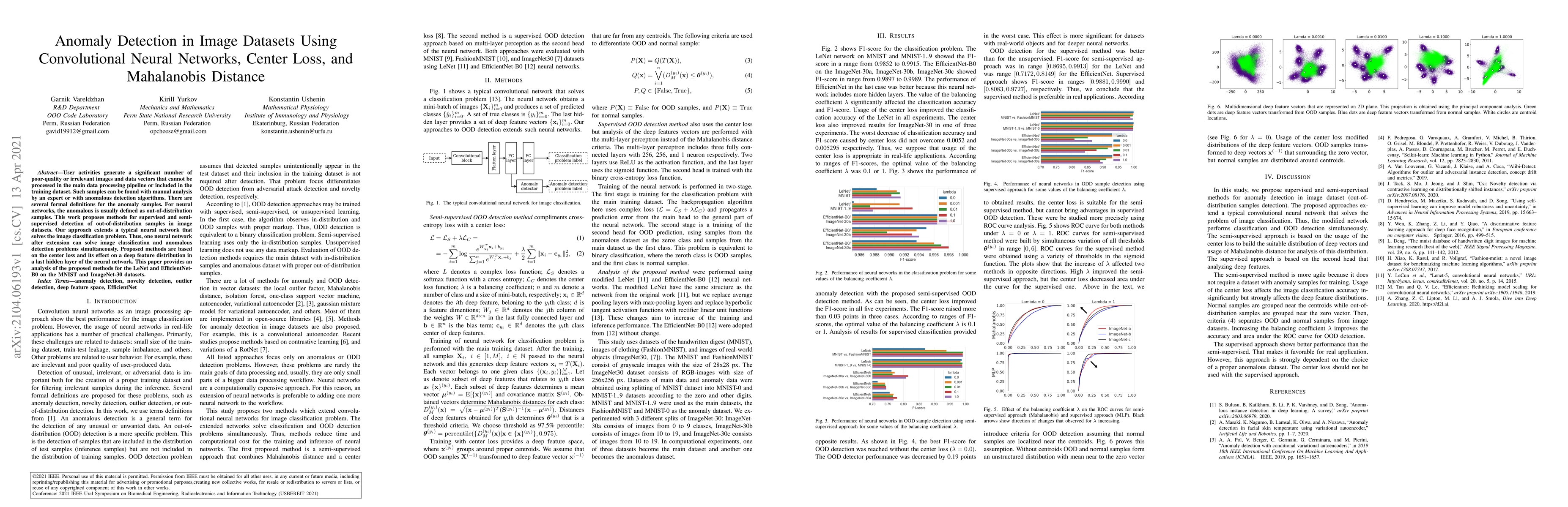 Thumbnail for Anomaly Detection in Image Datasets Using Convolutional Neural Networks,
  Center Loss, and Mahalanobis Distance