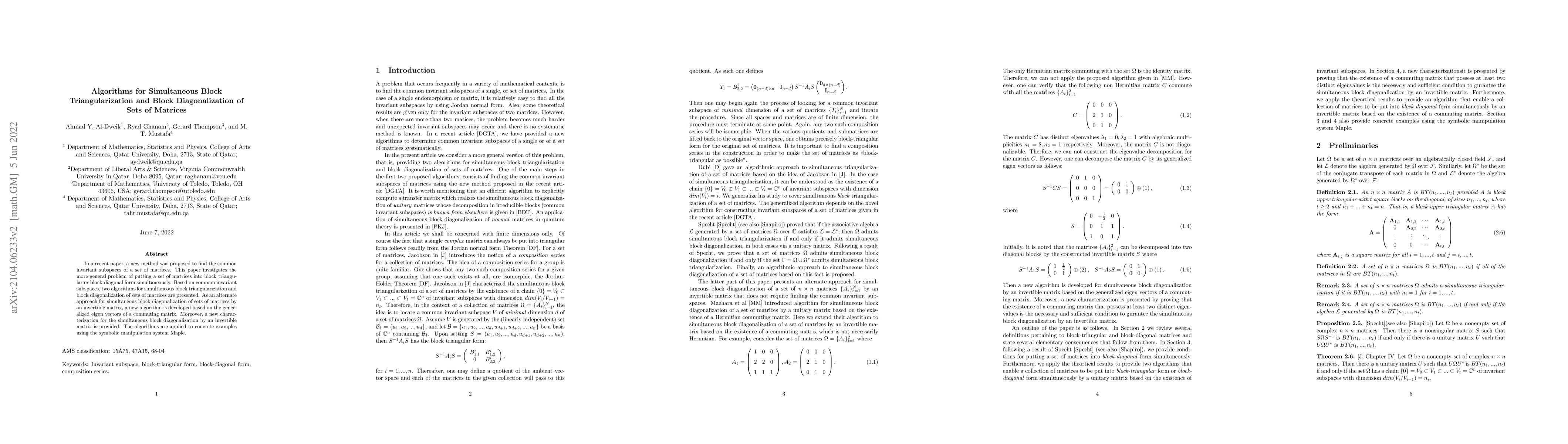 Thumbnail for Algorithms for Simultaneous Block Triangularization and Block
  Diagonalization of Sets of Matrices
