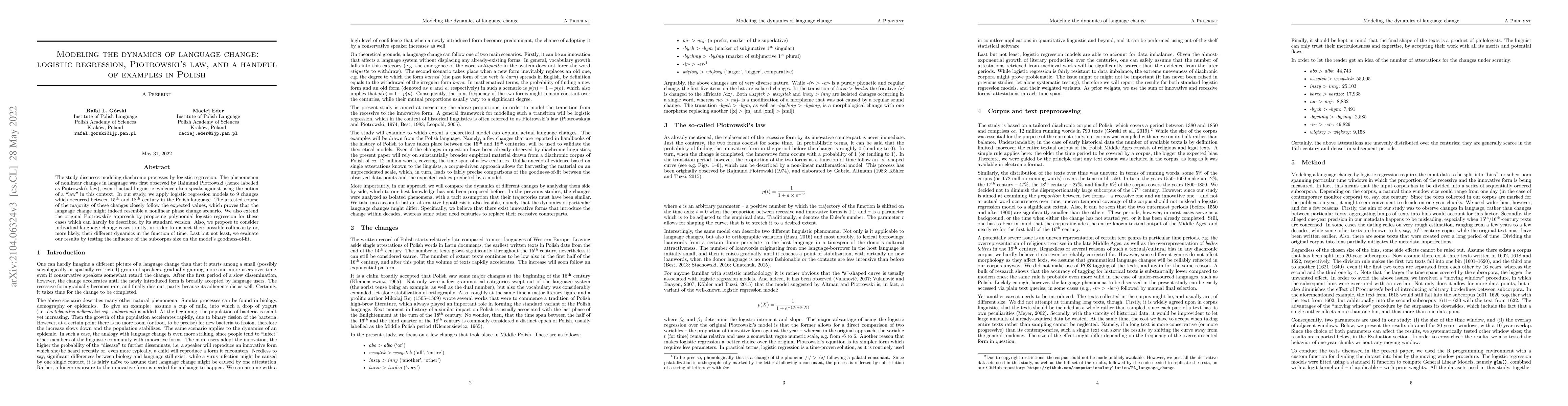 Thumbnail for Modeling the dynamics of language change: logistic regression,
  Piotrowski's law, and a handful of examples in Polish