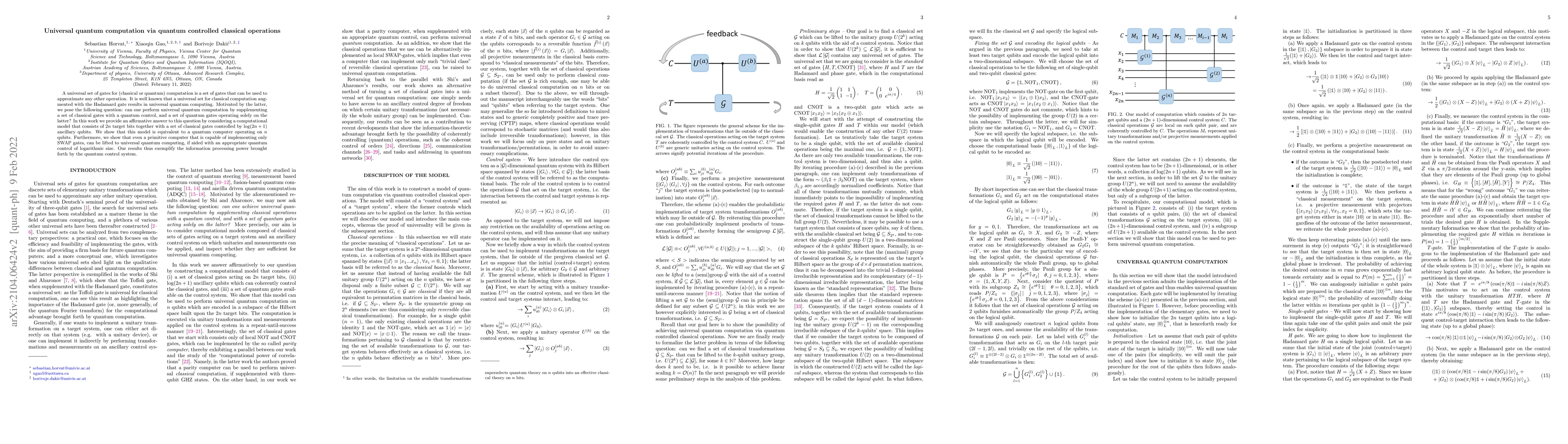 Thumbnail for Universal quantum computation via quantum controlled classical
  operations