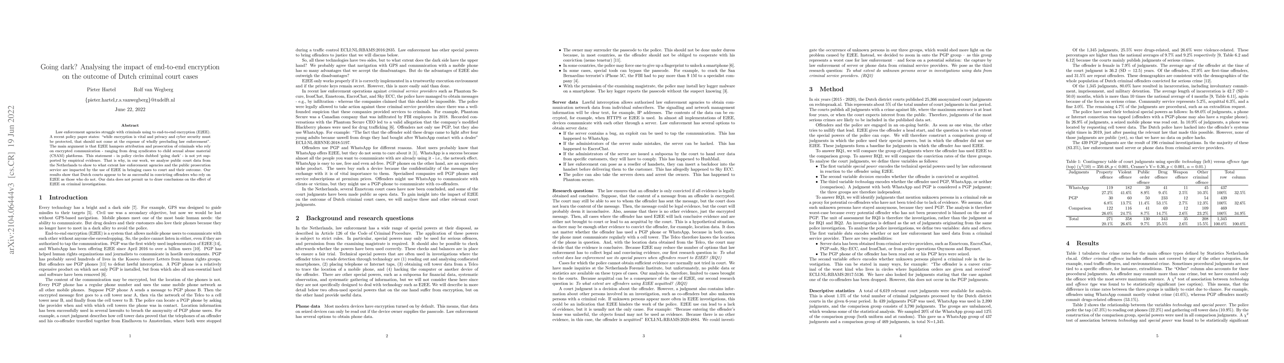 Thumbnail for Going dark? Analysing the impact of end-to-end encryption on the outcome
  of Dutch criminal court cases