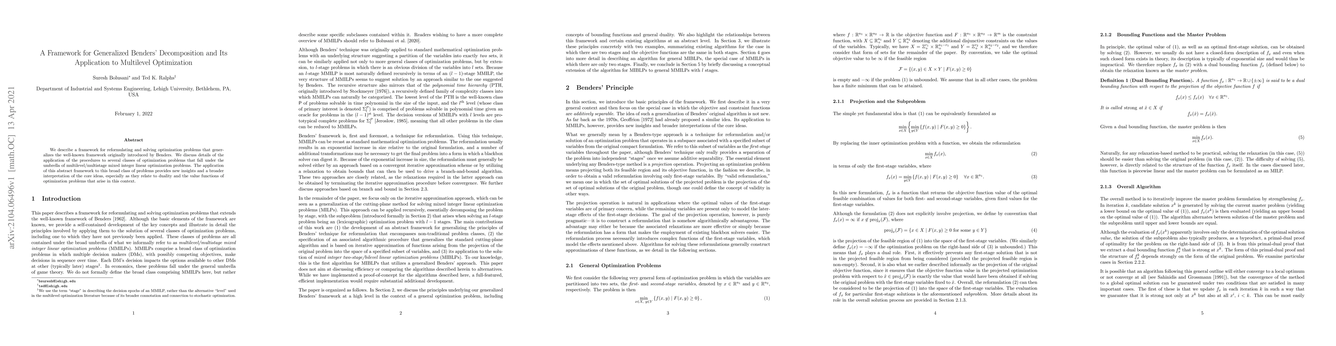 Thumbnail for A Framework for Generalized Benders' Decomposition and Its Application
  to Multilevel Optimization