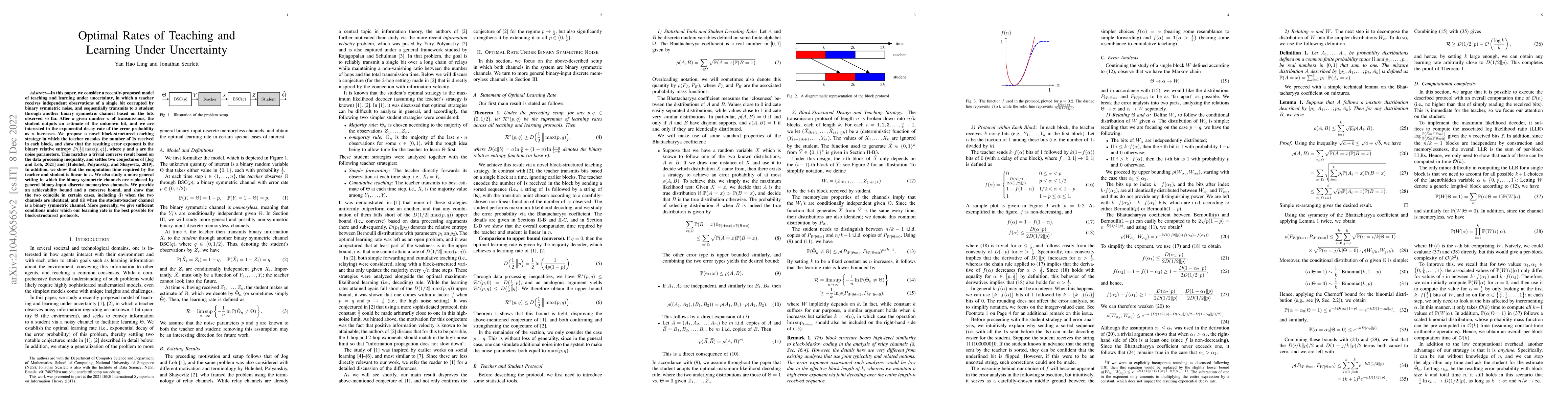 Thumbnail for Optimal Rates of Teaching and Learning Under Uncertainty