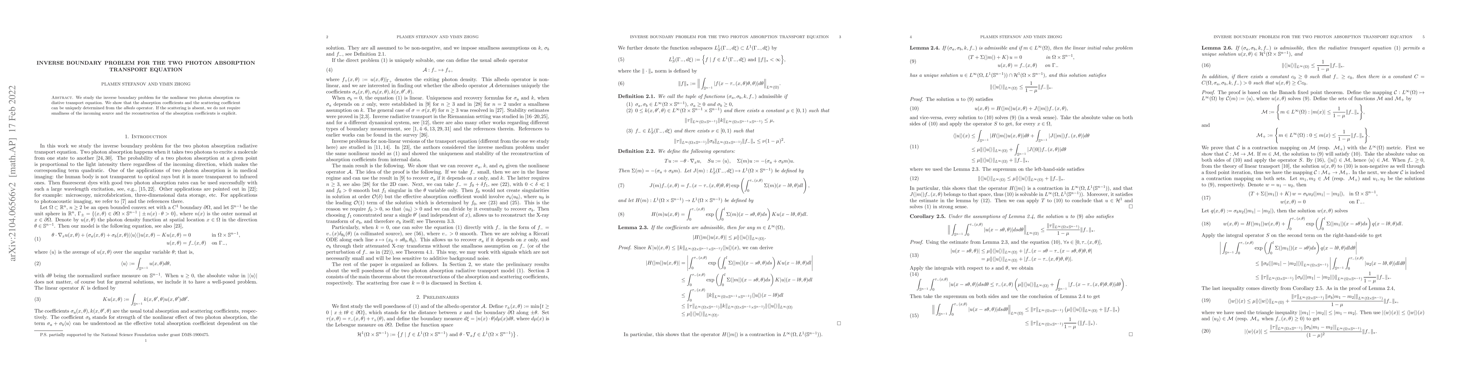 Thumbnail for Inverse Boundary Problem for the Two Photon Absorption Transport
  Equation