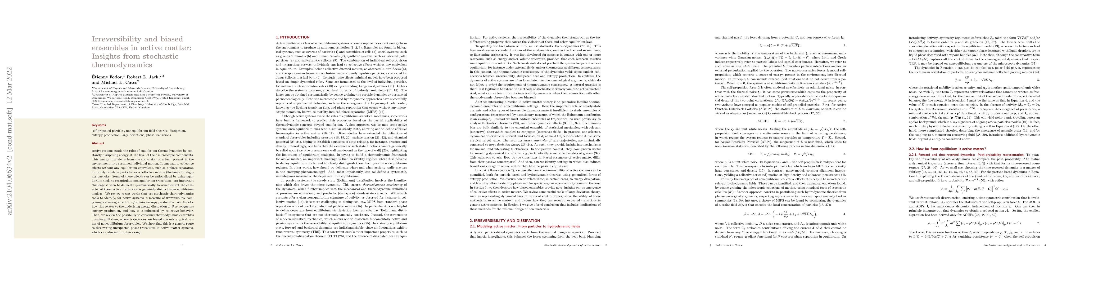 Thumbnail for Irreversibility and biased ensembles in active matter: Insights from
  stochastic thermodynamics