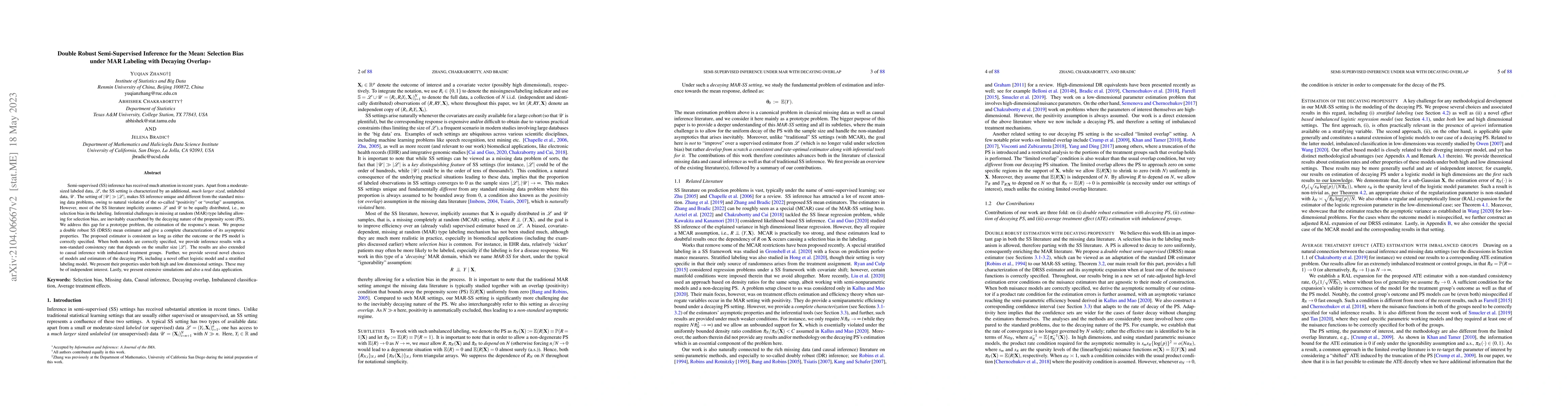 Thumbnail for Double Robust Semi-Supervised Inference for the Mean: Selection Bias
  under MAR Labeling with Decaying Overlap