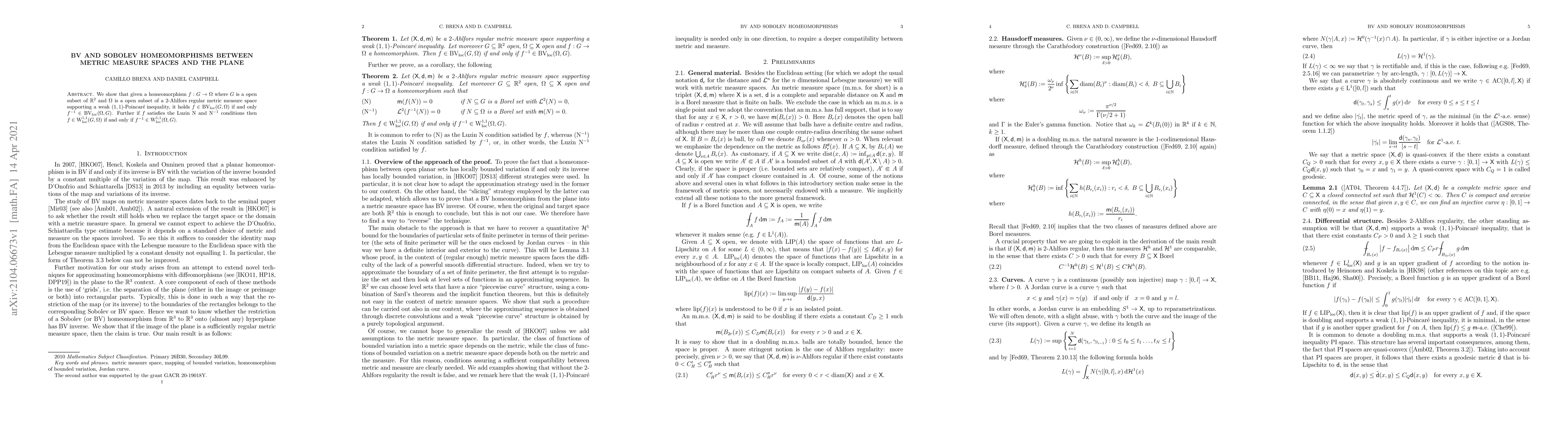 Thumbnail for BV and Sobolev homeomorphisms between metric measure spaces and the
  plane