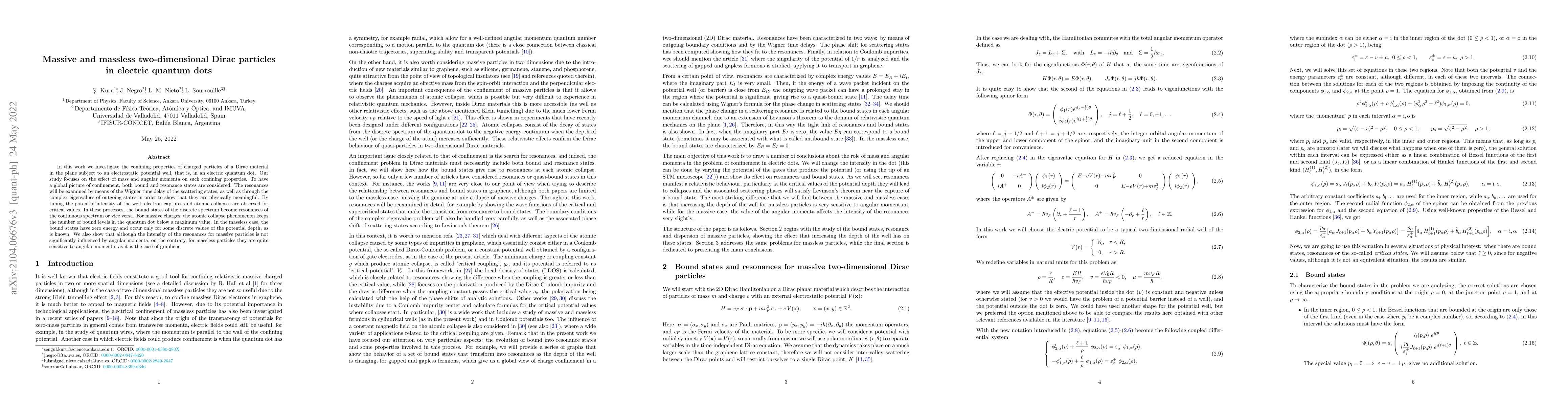 Thumbnail for Massive and massless two-dimensional Dirac particles in electric quantum
  dots