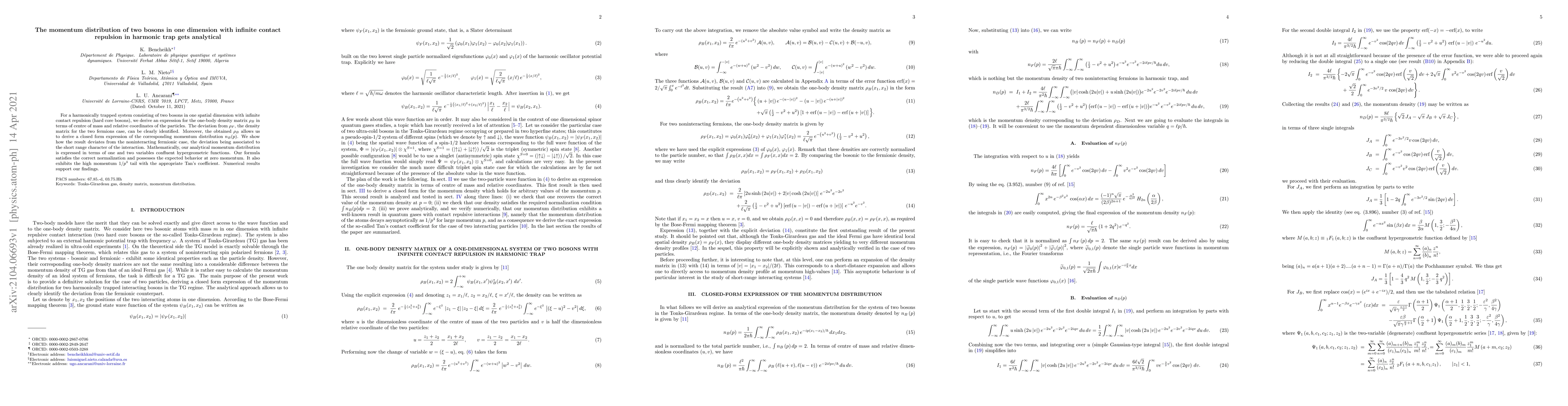 Thumbnail for The momentum distribution of two bosons in one dimension with infinite
  contact repulsion in harmonic trap gets analytical