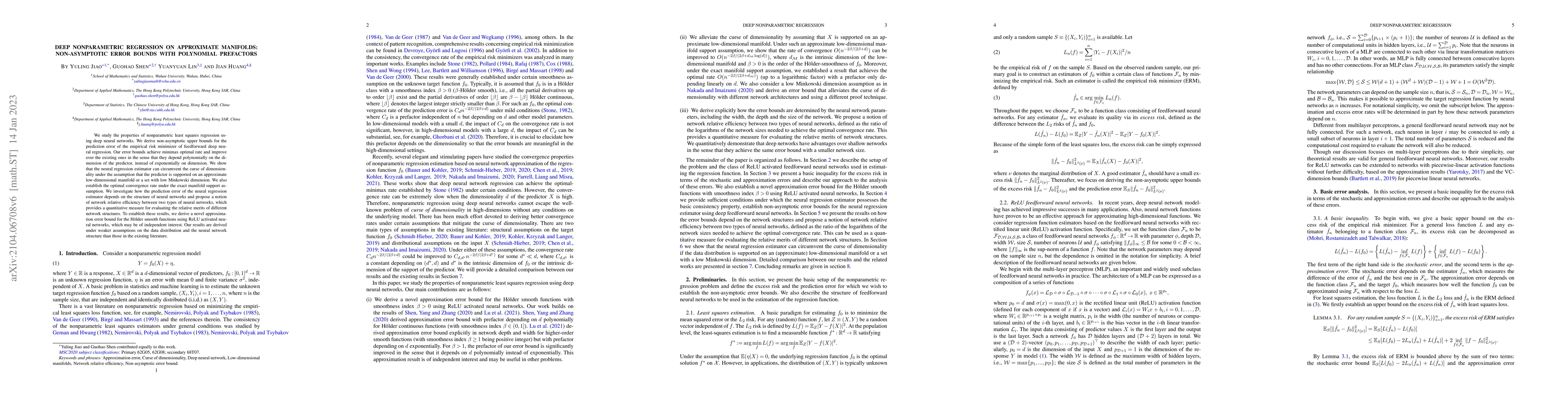 Thumbnail for Deep Nonparametric Regression on Approximate Manifolds: Non-Asymptotic
  Error Bounds with Polynomial Prefactors