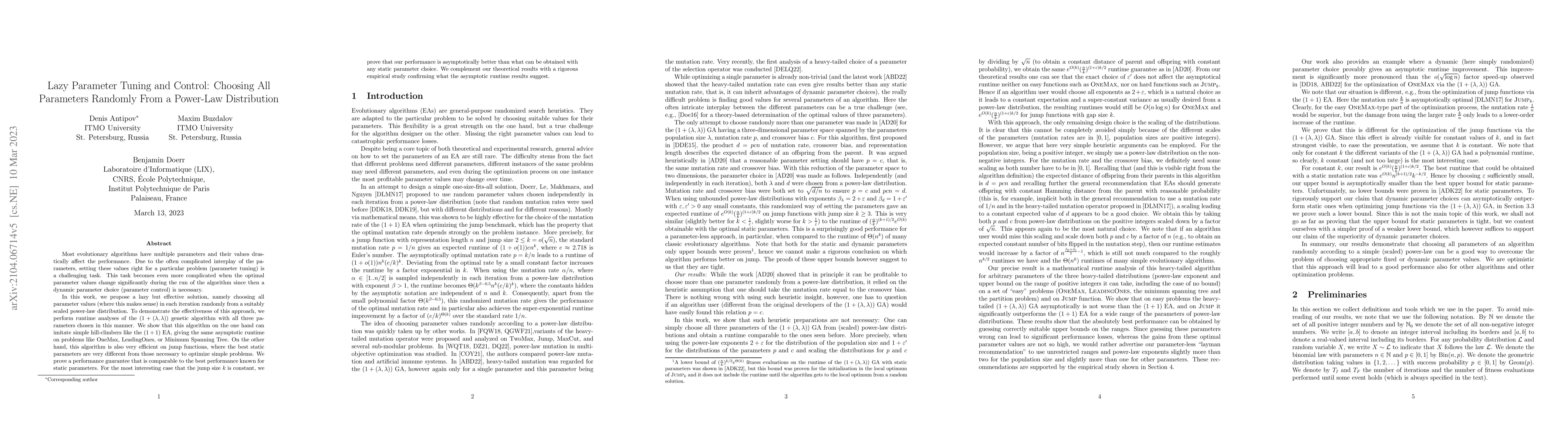 Thumbnail for Lazy Parameter Tuning and Control: Choosing All Parameters Randomly From
  a Power-Law Distribution
