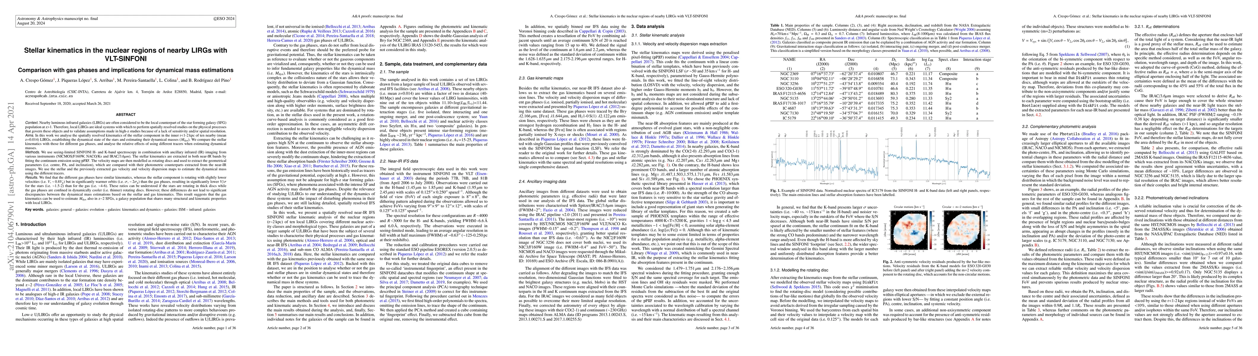 Thumbnail for Stellar kinematics in the nuclear regions of nearby LIRGs with
  VLT-SINFONI. Comparison with gas phases and implications for dynamical mass
  estimations