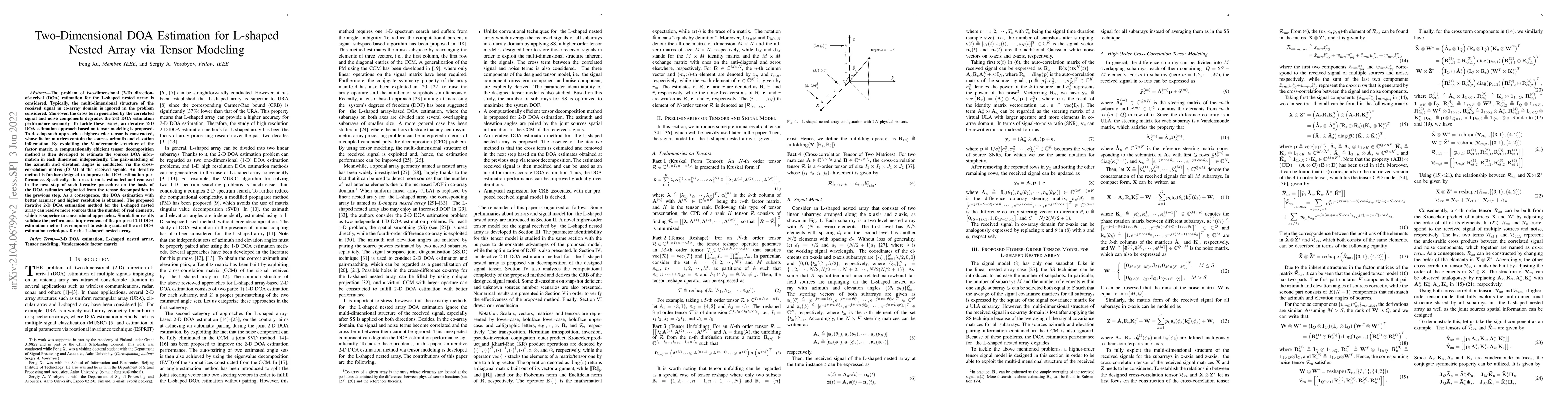 Thumbnail for Two-Dimensional DOA Estimation for L-shaped Nested Array via Tensor
  Modeling