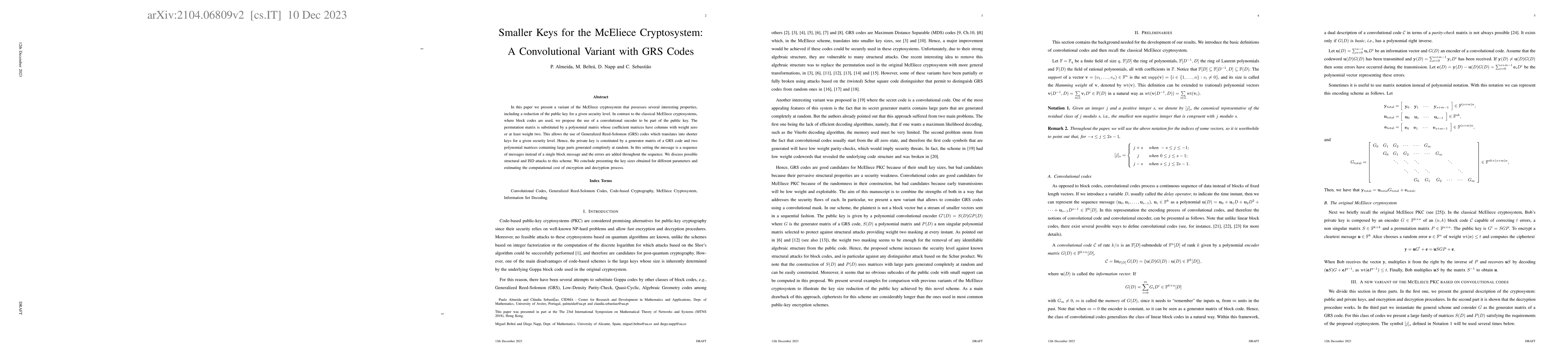 Thumbnail for Smaller Keys for the McEliece Cryptosystem: A Convolutional Variant with
  GRS Codes