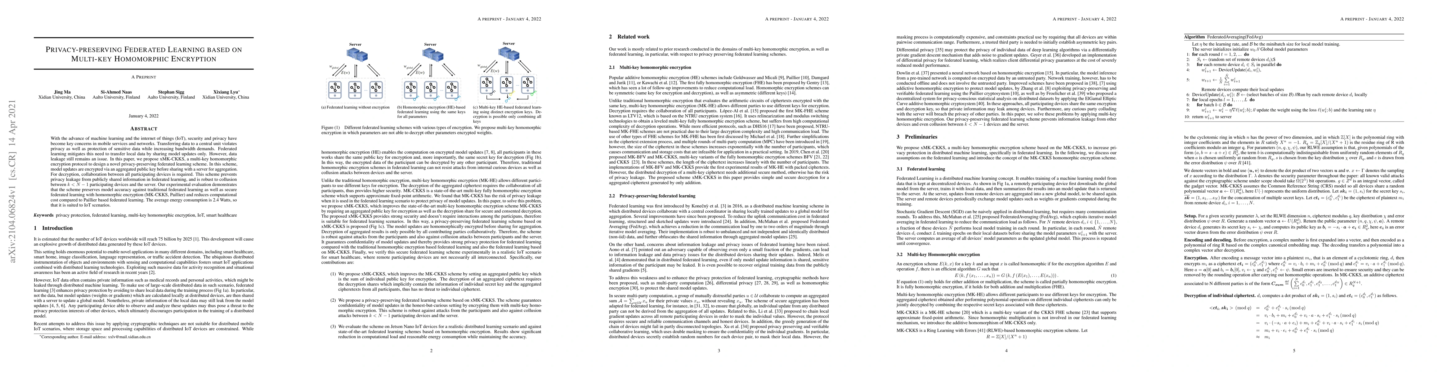 Thumbnail for Privacy-preserving Federated Learning based on Multi-key Homomorphic
  Encryption
