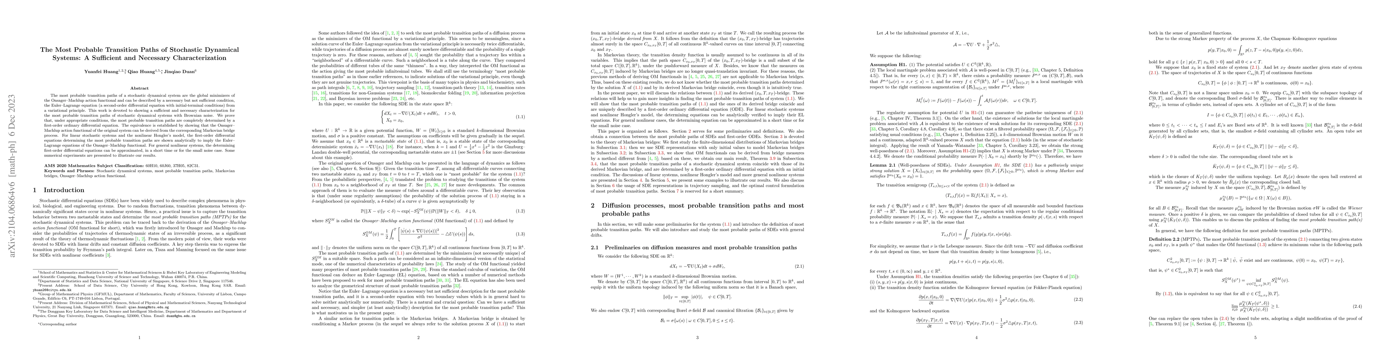 Thumbnail for The Most Probable Transition Paths of Stochastic Dynamical Systems: A
  Sufficient and Necessary Characterization