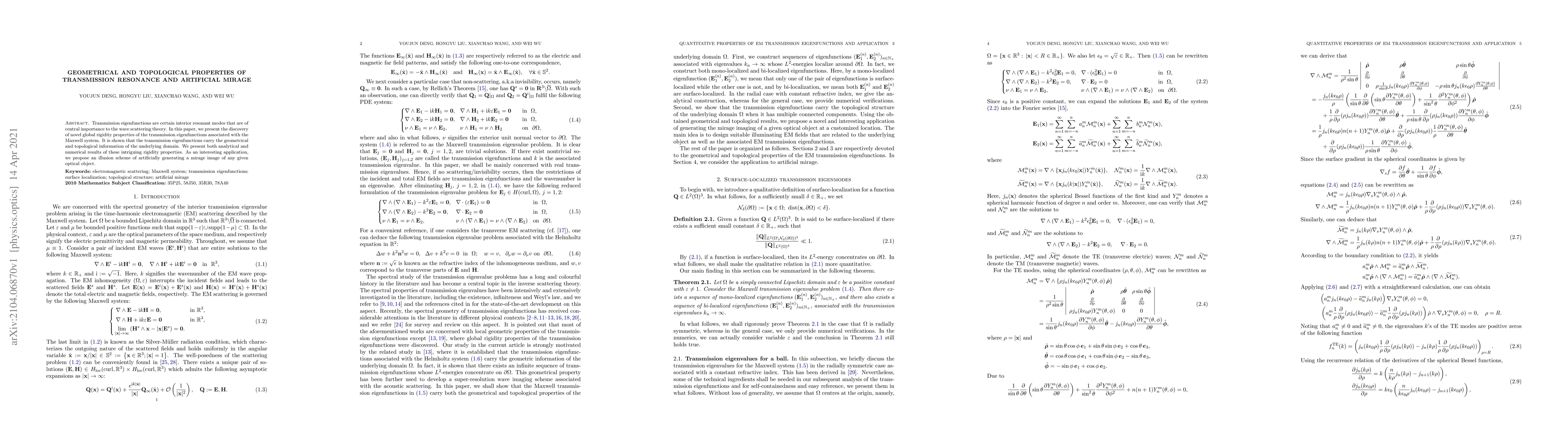 Thumbnail for Geometrical and topological properties of transmission resonance and
  artificial mirage