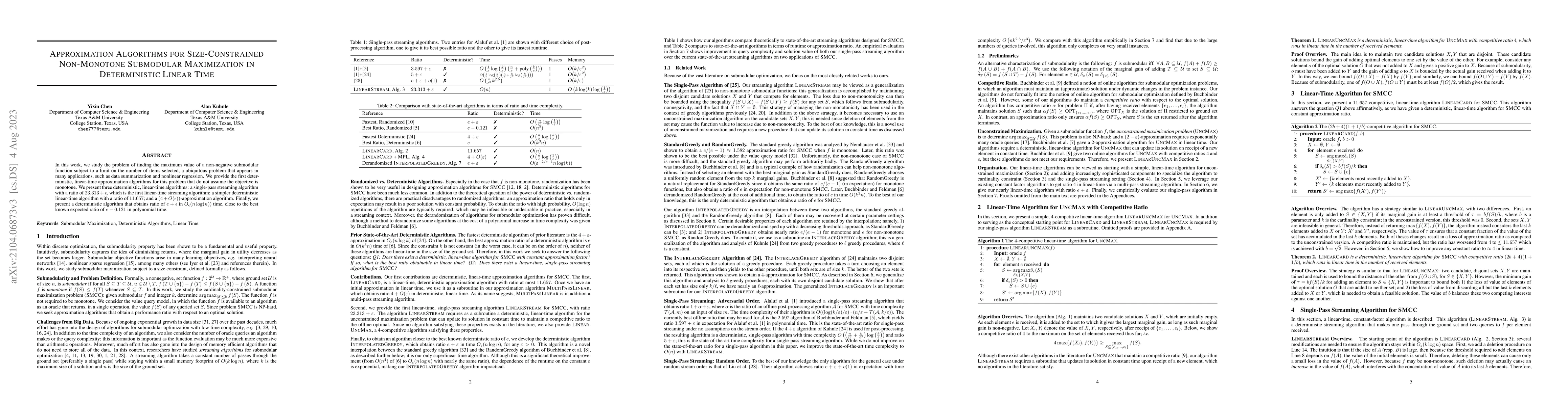 Thumbnail for Approximation Algorithms for Size-Constrained Non-Monotone Submodular
  Maximization in Deterministic Linear Time