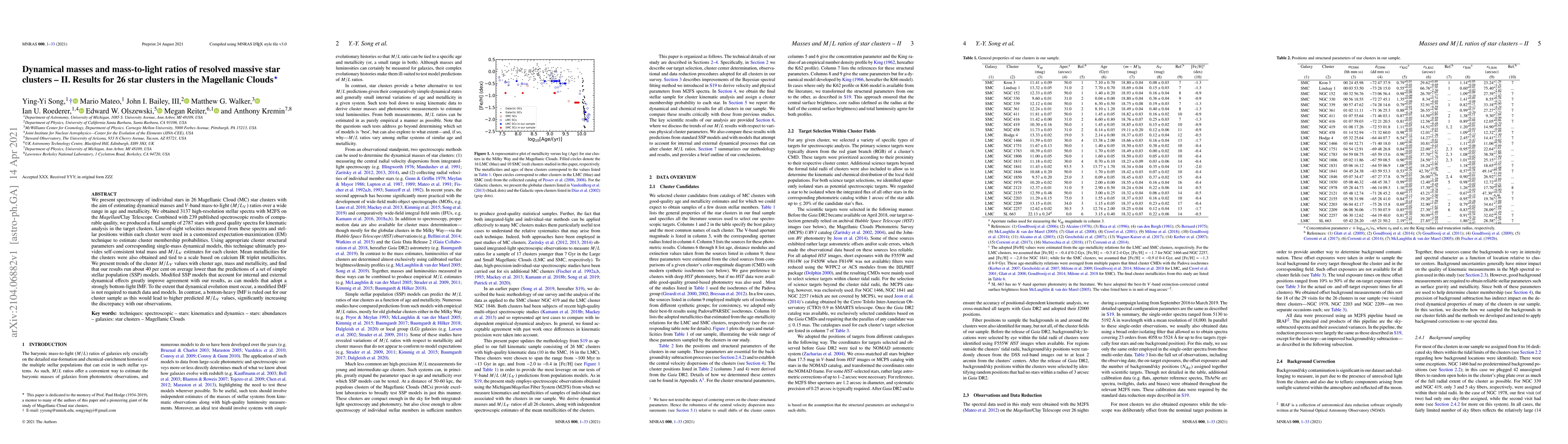 Thumbnail for Dynamical masses and mass-to-light ratios of resolved massive star
  clusters -- II. Results for 26 star clusters in the Magellanic Clouds