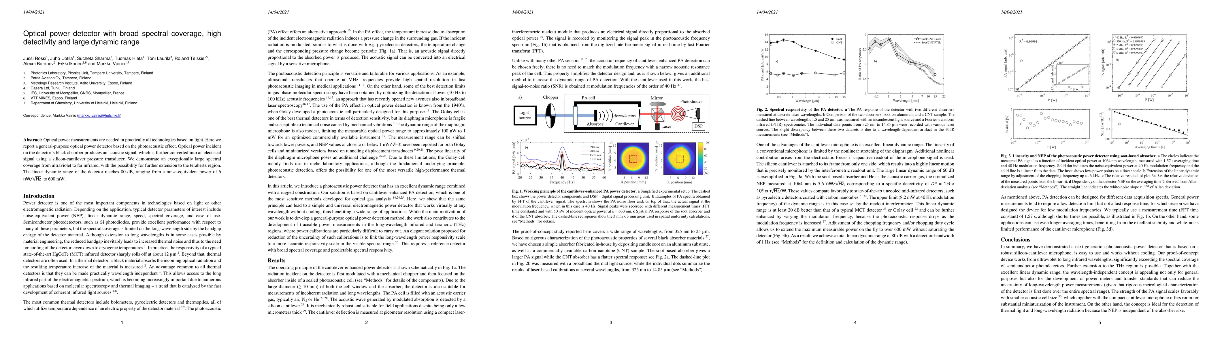 Thumbnail for Optical power detector with broad spectral coverage, high detectivity
  and large dynamic range