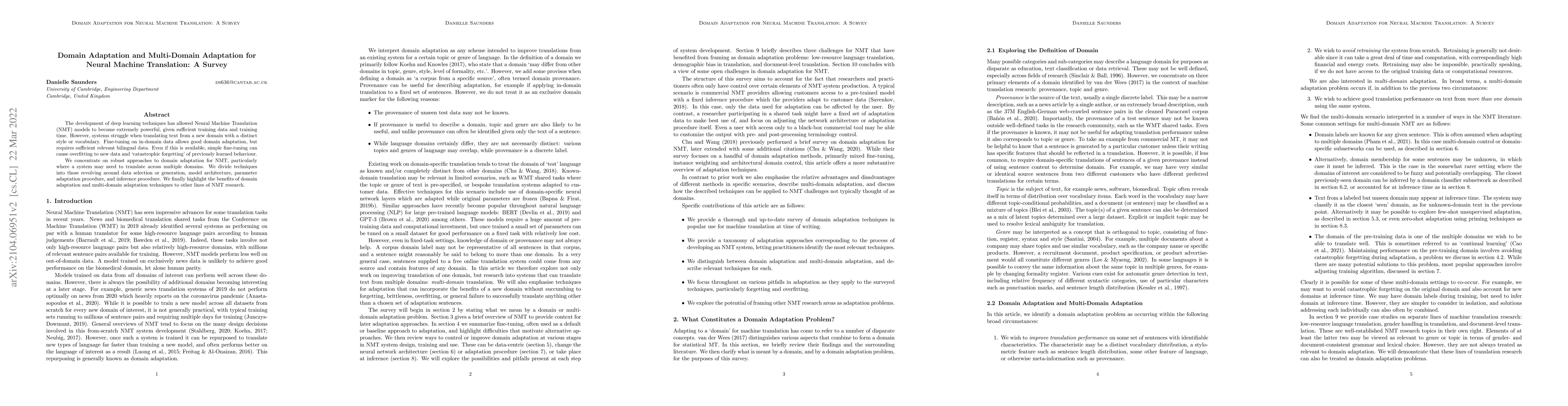 Thumbnail for Domain Adaptation and Multi-Domain Adaptation for Neural Machine
  Translation: A Survey