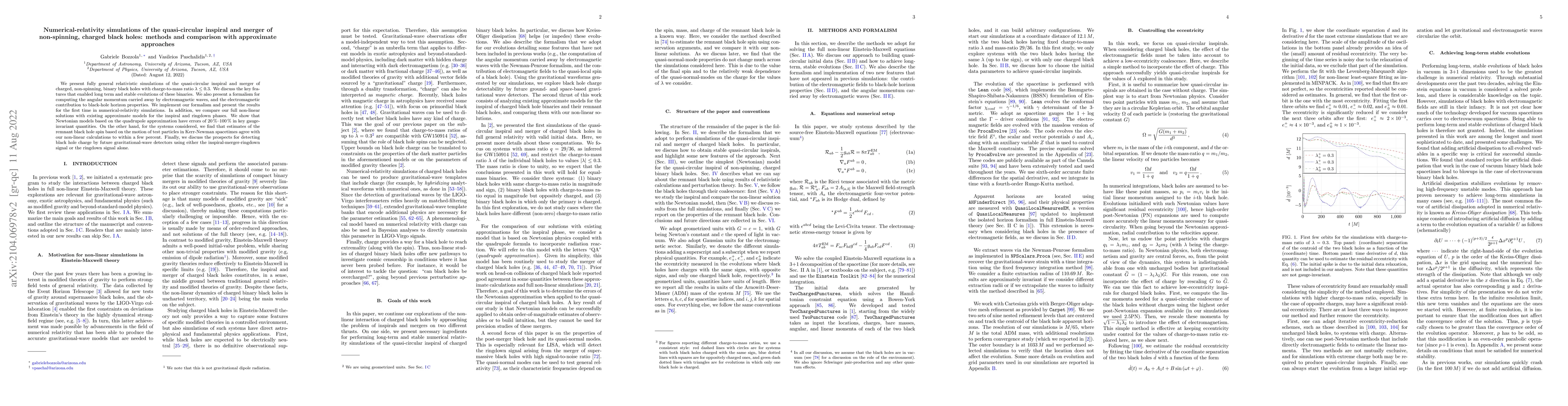 Thumbnail for Numerical-relativity simulations of the quasi-circular inspiral and
  merger of non-spinning, charged black holes: methods and comparison with
  approximate approaches
