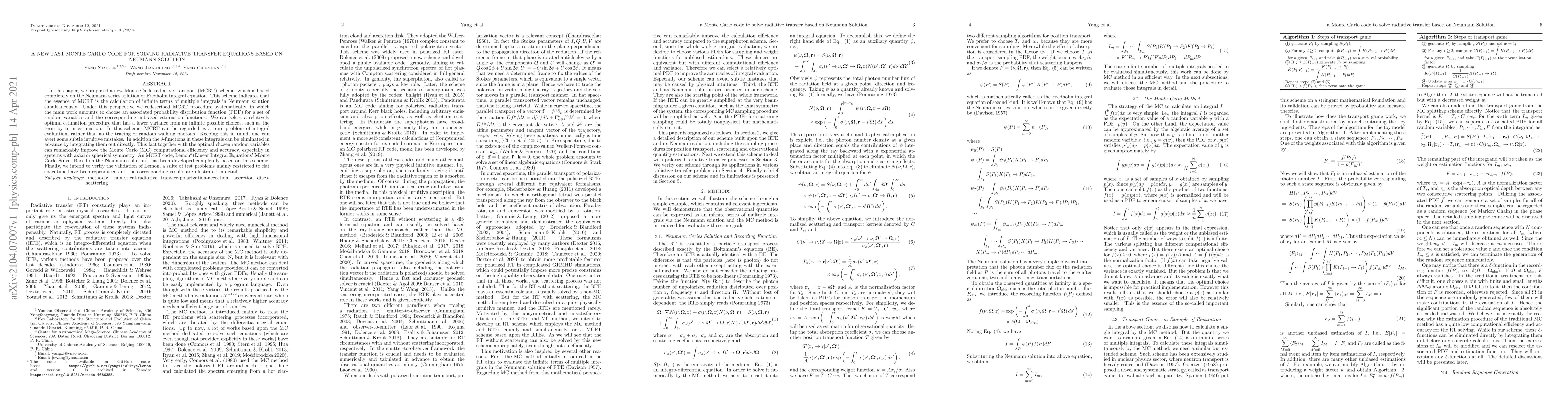 Thumbnail for A New Fast Monte Carlo Code for Solving Radiative Transfer Equations
  based on Neumann Solution