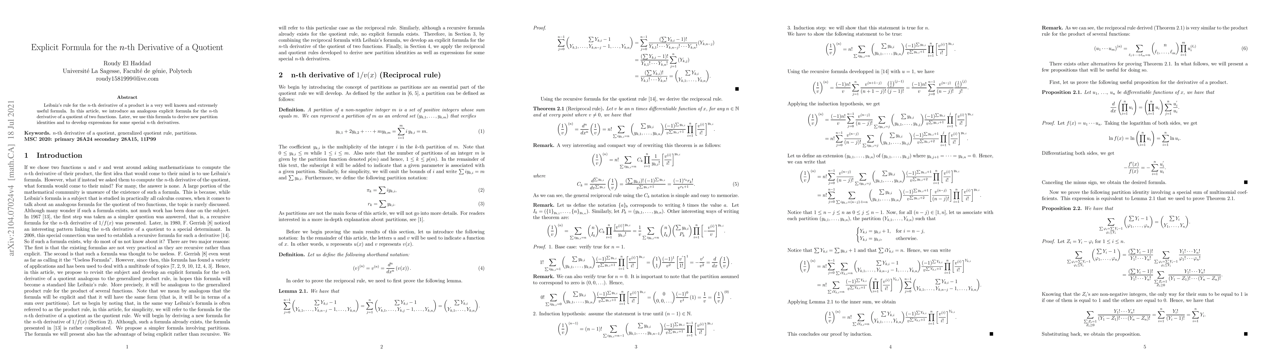 Thumbnail for Explicit Formula for the n-th Derivative of a Quotient