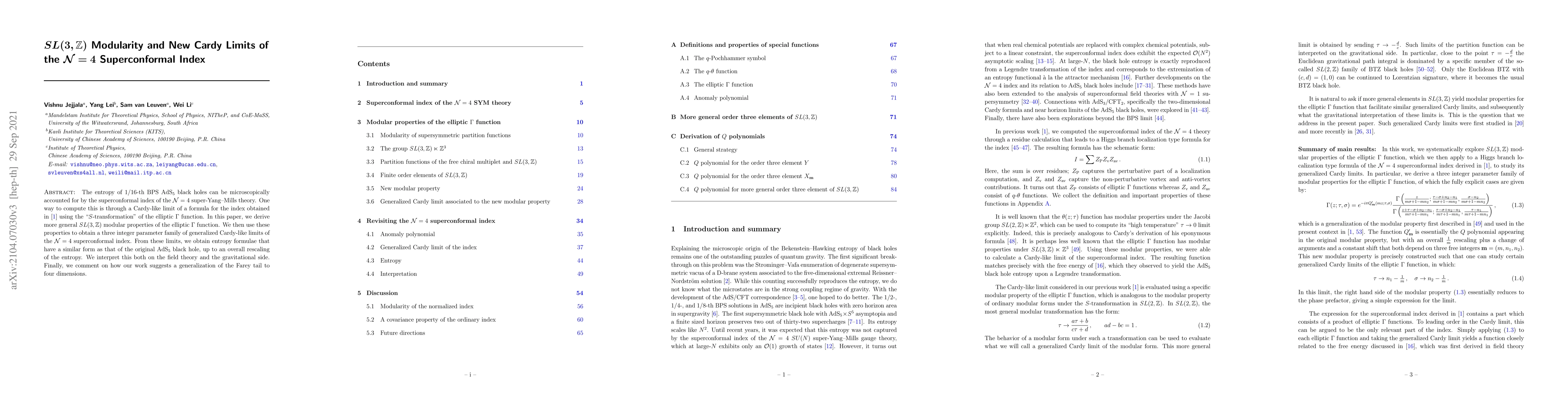 Thumbnail for $SL(3,\mathbb{Z})$ Modularity and New Cardy Limits of the
  $\mathcal{N}=4$ Superconformal Index