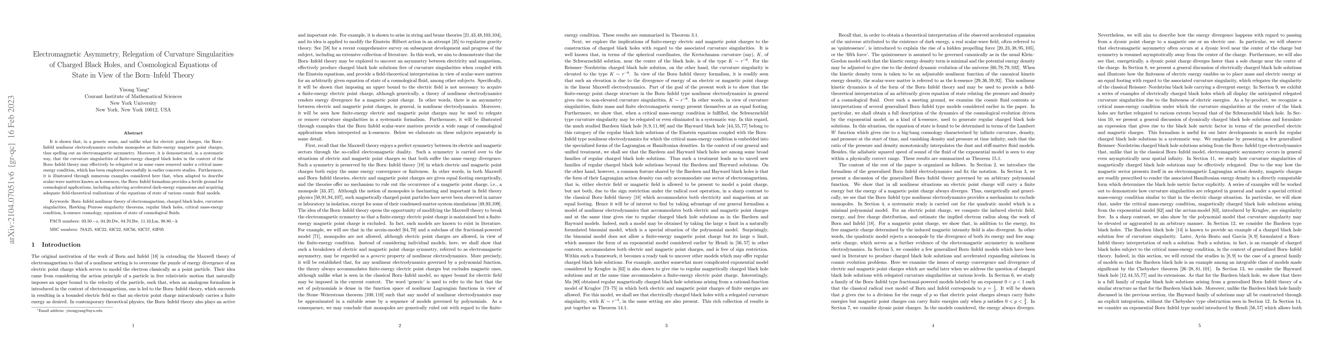 Thumbnail for Electromagnetic Asymmetry, Relegation of Curvature Singularities of
  Charged Black Holes, and Cosmological Equations of State in View of the
  Born--Infeld Theory