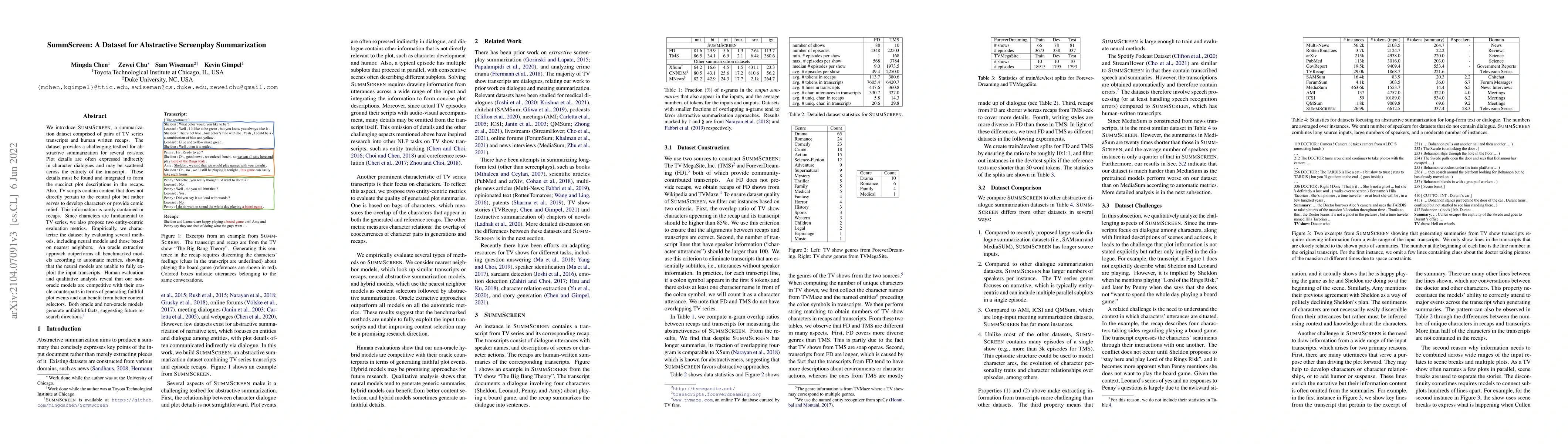 Thumbnail for SummScreen: A Dataset for Abstractive Screenplay Summarization