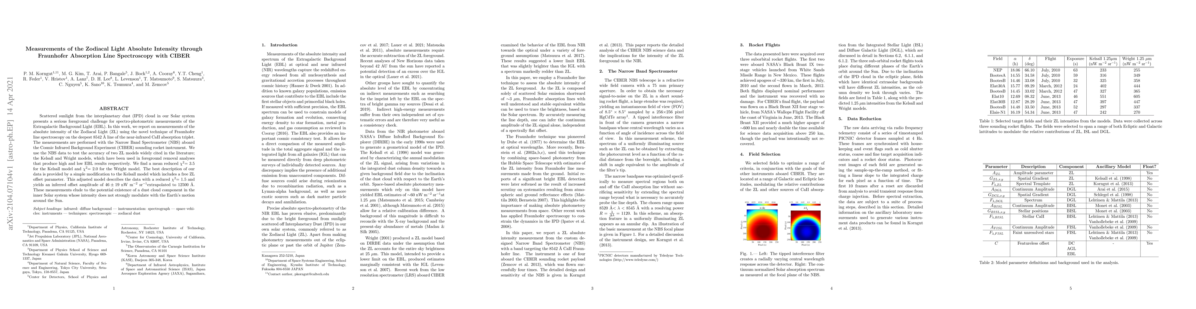 Thumbnail for Measurements of the Zodiacal Light Absolute Intensity through Fraunhofer
  Absorption Line Spectroscopy with CIBER
