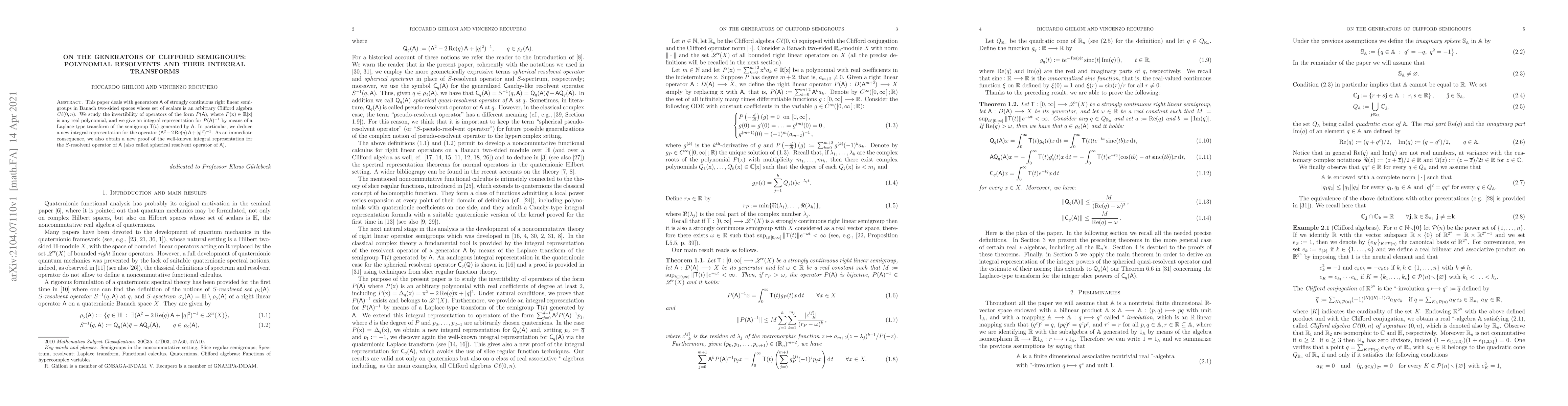 Thumbnail for On the generators of Clifford semigroups: polynomial resolvents and
  their integral transforms