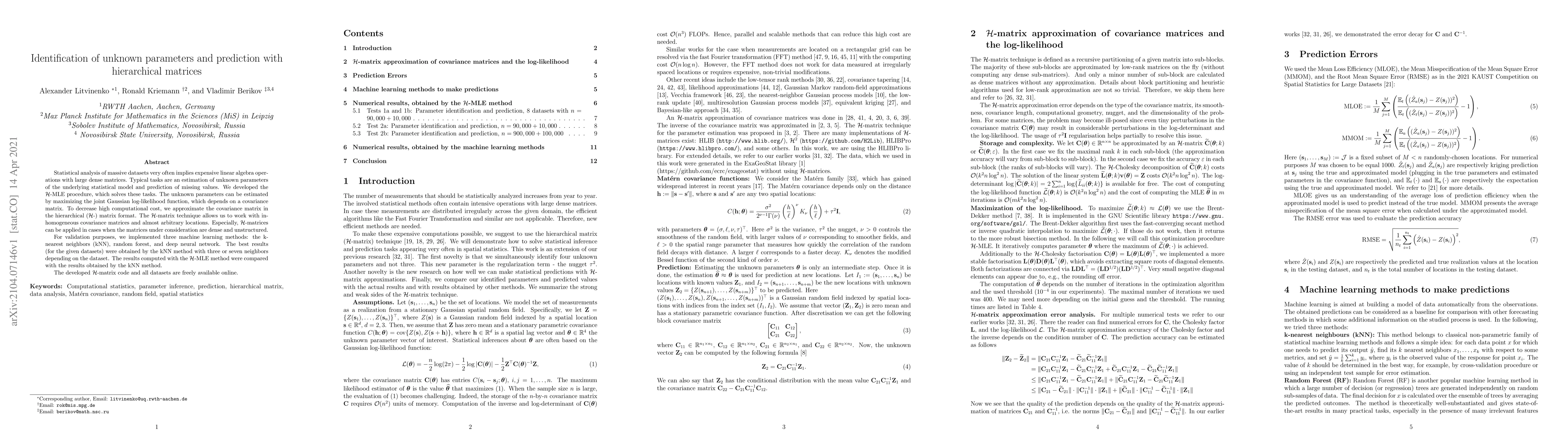 Thumbnail for Identification of unknown parameters and prediction with hierarchical
  matrices