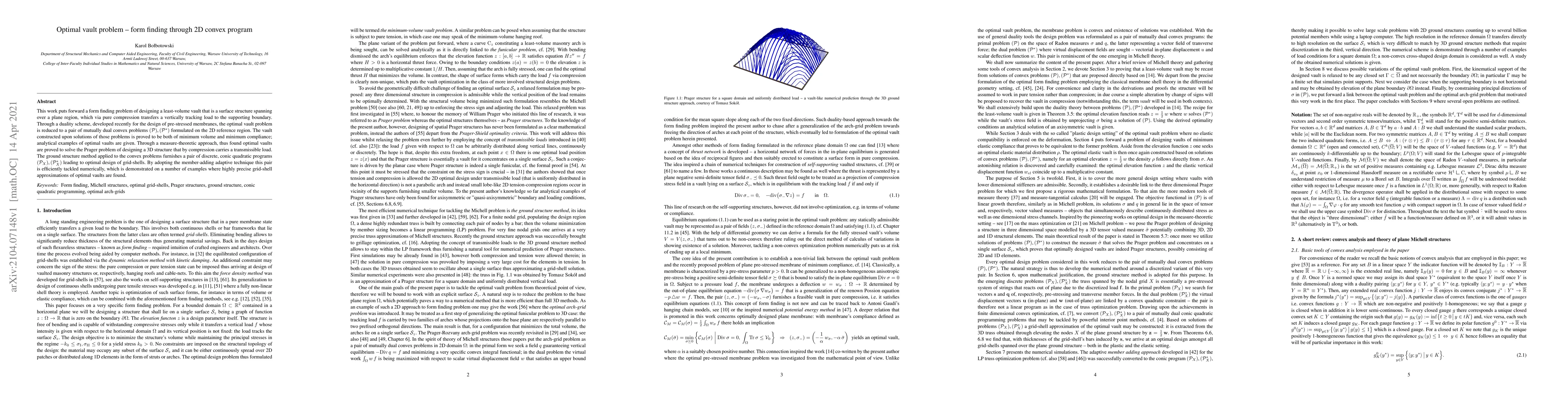 Thumbnail for Optimal vault problem -- form finding through 2D convex program