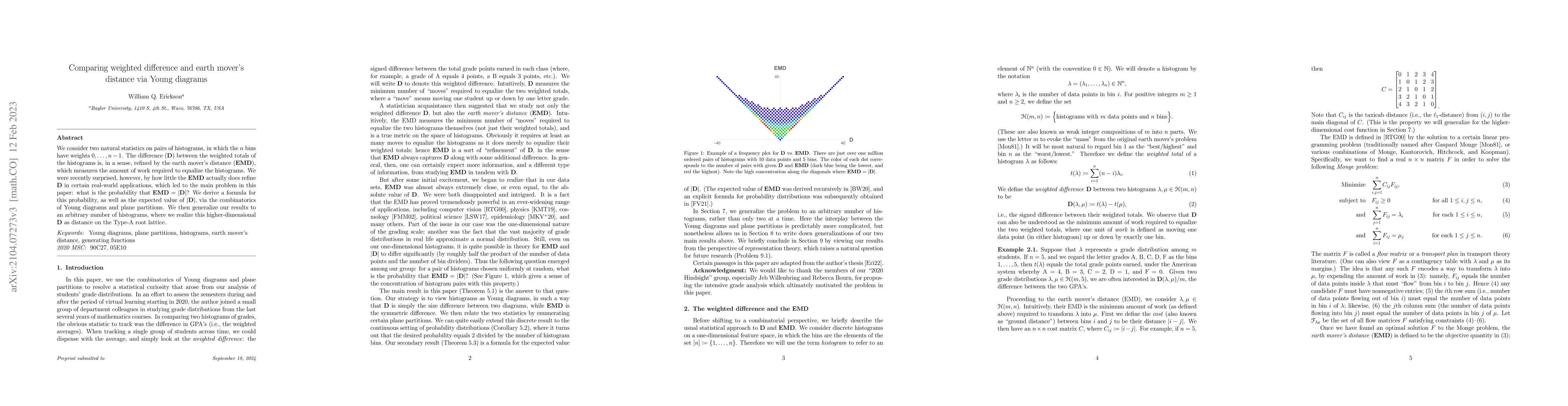 Thumbnail for Comparing weighted difference and earth mover's distance via Young
  diagrams